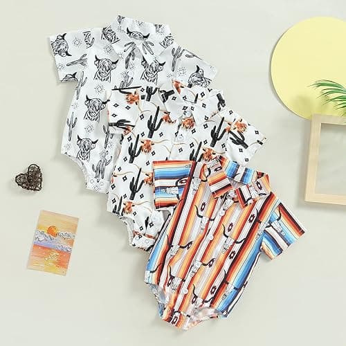 Karuedoo Western Baby Boy Clothes Cow Print Shirt Romper Infant Short Sleeve Button Down Bodysuit One Piece Gentleman Outfit - Short Sleeve Striped - 0-6 Months thumbnail 2