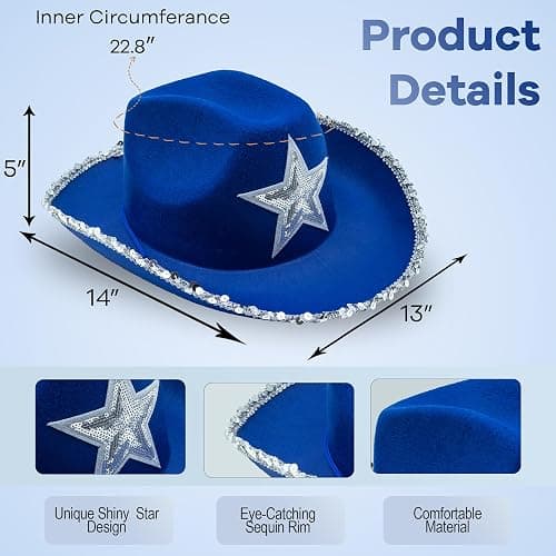Funcredible Blue Cowgirl Hat – Blue Cowboy Hat with Silver Star - Rodeo Outfit for Women– Cowgirl Costume Accessory thumbnail 2