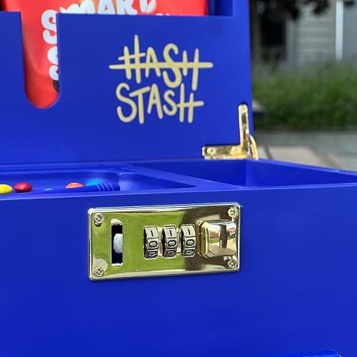 The OG Storage Box - Large Bamboo Box with Combination Lock, Magnetic Lid, Organizer Tray, Airtight Tube and 3 Jars - Discreet Decorative Locking Wooden Box with Accessories (Royal Blue/Gold) thumbnail 8
