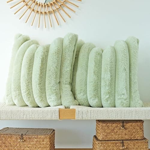 JOJUSIS Pack of 2 Faux Fur Plush Decorative Throw Pillow Covers Couch Cushion Case Soft Fluffy Pillowcases Wide Stripe (Sage Green, 20 x 20 Inch) - Image 1