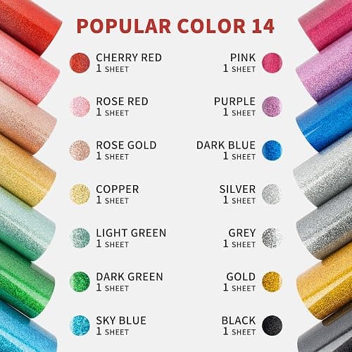 Glitter Heat Transfer Vinyl HTV - 14 Pack 12"x10" Iron On Vinyl for Cricut, Silhouette Cameo or Heat Press Machine, Christmas Decorations Shirts Dress, 14 Assorted Colors HTV Glitter Heat Press Vinyl thumbnail 2