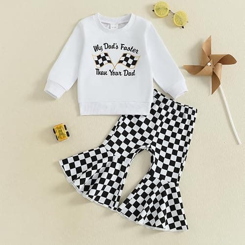 DSOKUHIB Toddler Baby Girl Race Car Outfit Letters Long Sleeve Sweatshirt Checkered Bell Bottom Pants Set Fall Winter Clothes thumbnail 4
