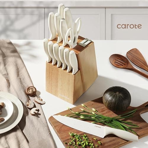 CAROTE 15Piece Knife Set, Kitchen Knife Block Set, Elegant White Ceramic-Coated Blades with Stylish Wooden Block for Modern Culinary Excellence thumbnail 8