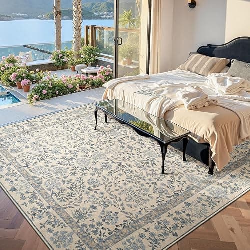 jinchan 8x10 Washable Living Room Area Rug, Vintage Floral, Blue/Cream | Soft Non-Slip Low-Pile, Botanical Aesthetic Throw Carpet for Bedroom Dining Room Nursery thumbnail 3