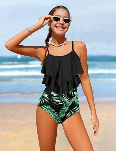 Tomolant Girls Swimsuit Color Block One Piece Swimsuit 2-Tiered Ruffle Bathing Suit Adjustable Strap Girls' Swimwear 7-16Y thumbnail 3
