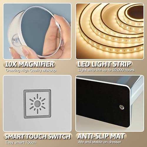 FENNIO Vanity Mirror with Lights, 12" x 16" Lighted Makeup Mirror with Smart Touch Control, 3 Color Modes & Brightness Adjustable, LED Makeup Mirror with 10X Magnification, 360° Rotation （Gold thumbnail 7