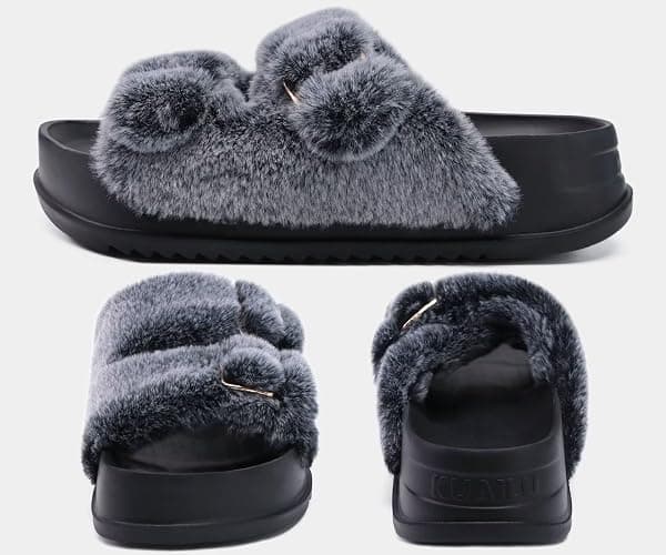 KuaiLu Women's Fluff Slippers Plantar Fasciitis Arch Support Platform Slippers Ladies Fashion Open Toe Faux Fur Sliders Womens House Slipper Size 6-12 thumbnail 7