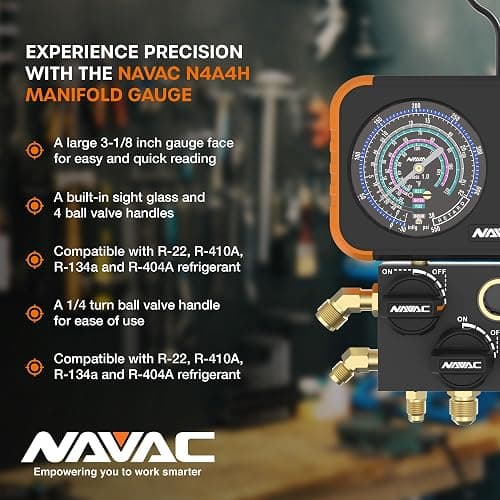 NAVAC N4A4H 4-Valve HVAC Manifold Gauge with Hoses - Class 1.0 Accuracy | Impact-resistant 4-valve HVAC manifold with hoses, aluminum body, rubber cover and an easy-to-read analog display. thumbnail 7
