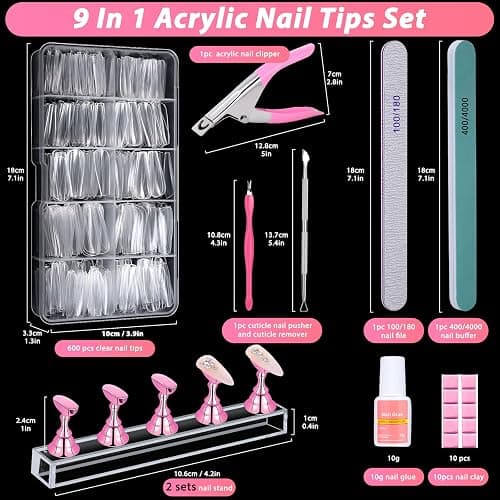 600PCS Clear Coffin Nail Tips Set Qinzave Clear Acrylic Nail Tips with Nail Glue Coffin Nails Full Cover with Nail Display Stand, Cuticle Nail Pusher Remover, Nail Files Buffer thumbnail 5