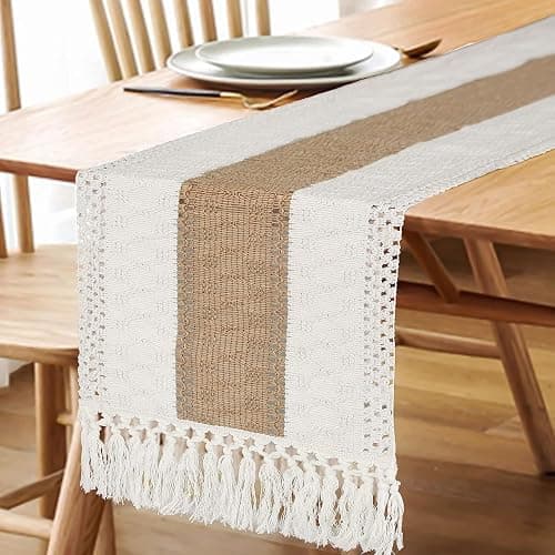Fexia Boho Table Runner for Home Decor with Tassels 90 Inch Cream & Brown Macrame Runner for Dining & Bedroom Baby Bridal Shower Decor(12x90 Inches) - Brown - 12x90" thumbnail 5