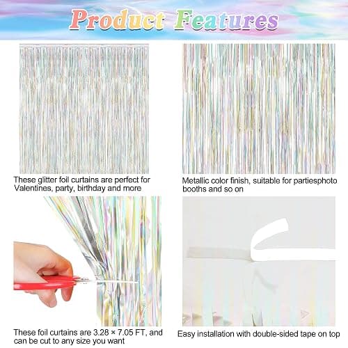 2 Pack Backdrop Curtains, 3.28 FT x 7.05 FT Laser Silver Fringe Curtains, Metallic Tinsel Foil Curtains Party Streamer, Photo Backdrop Party Decorations Bithday Photo Booth Props thumbnail 5