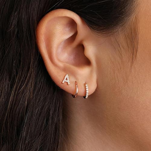 Ritach Gold Earrings for Women Girls - 3 Pairs Gold/Silver/Rose Gold Hoop Earrings for Women Girls CZ Initial Stud Earrings for Girls Hypoallergenic Earrings Set for Multiple Piercing thumbnail 2