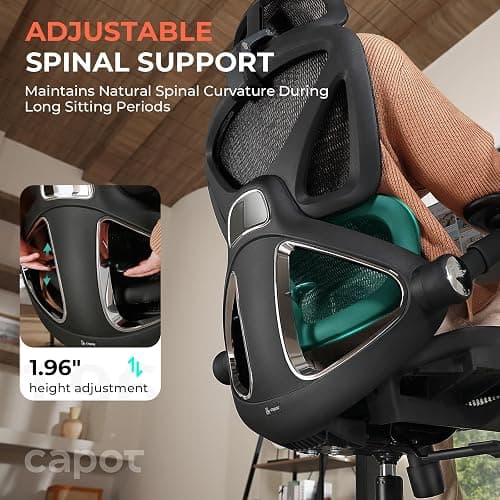 CAPOT Ergonomic Mesh Office Chair, Adjustable Lumbar High Back Desk Chair 400lbs, 4D Flip-up Arms, 3-Level Tilt Backrest, 3D Headrest, PU Wheels, Swivel Rolling Computer Seating for Long Desk Work thumbnail 2