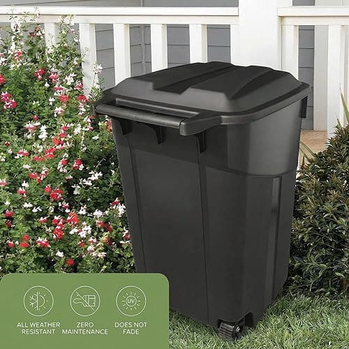 32 Gallon Outdoor Trash Can with Lid, Heavy-Duty Wheeled Garbage Bin for Backyard, Deck or Garage, Black, Can with Attached Snap Lock Lid and Heavy-Duty Handles (32 Gallon) thumbnail 6