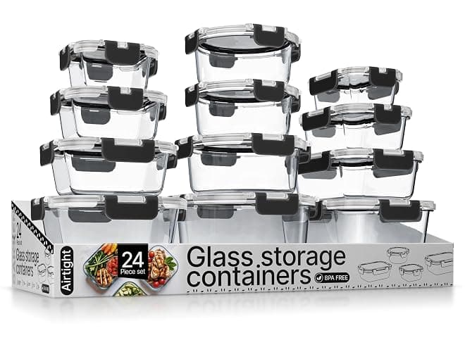 Bakken Borosilicate Glass Food Storage Containers with Lids 24 Pieces, BPA-Free Stackable Lunch & Leftover Containers, Microwave, Freezer & Dishwasher Safe, 100% Airtight Leak-Proof, Black - Image 1