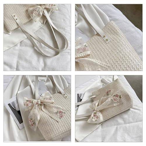 QTKJ Women Large Straw Beach Tote Bag Summer Hand-woven Bags Shoulder Bag Leather Handle Beach Handbags with Cute Lace Bow Small (White) thumbnail 3