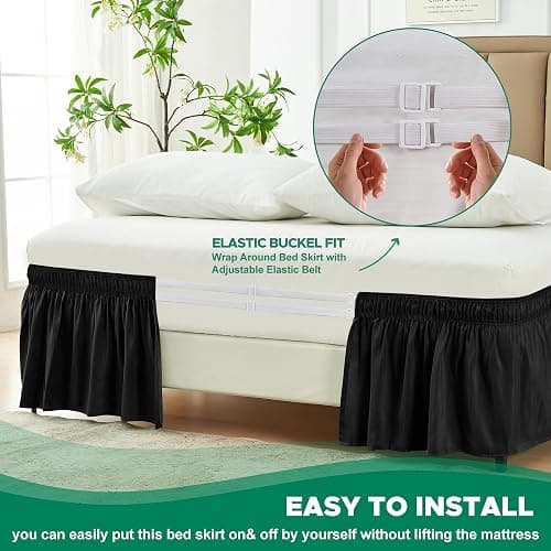 Biscaynebay Wrap Around Bed Skirts for Queen Beds 15" Drop, Black Adjustable Elastic Dust Ruffles Easy Fit Wrinkle & Fade Resistant Silky Luxurious Fabric Machine Washable thumbnail 5