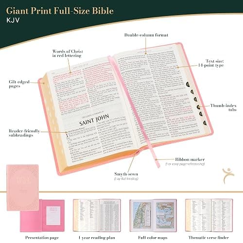 KJV Holy Bible, Giant Print Full-size Faux Leather Red Letter Edition - Thumb Index & Ribbon Marker, King James Version, Pink (KJV Full Size GP Editions) thumbnail 2