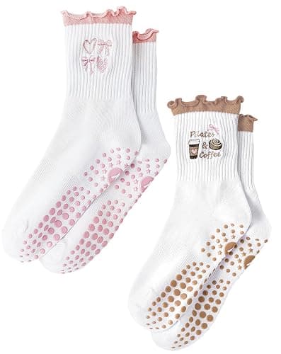 Yawlsow Cute Pilates Grip Socks for Women Ruffle Frilly Yoga Socks Non Slip Cotton Crew Grippy Sock for Barre Workout - Image 1