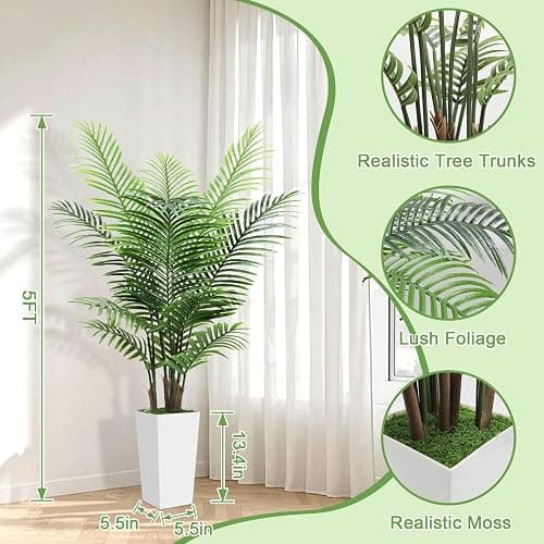 5FT Fake Plant Artificial Palm Tree Indoor Decor – Faux Plants Indoor Tall with White Planter – Artificial Tree Floor Plant for Living Room Office Home thumbnail 4