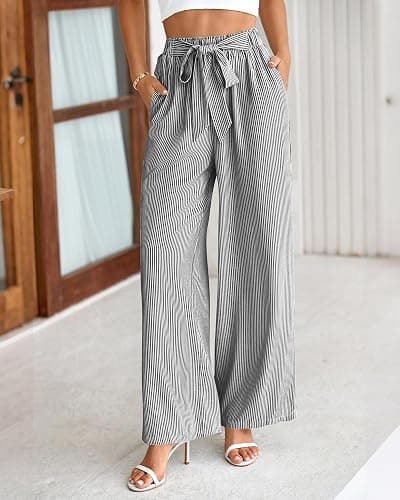 BTFBM Pants for Women 2026 Spring Clothes Striped High Waist Tie Knot Dressy Casual Wide Leg Palazzo Work Trousers Pants thumbnail 4