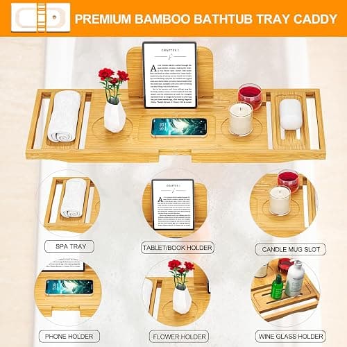 Bathtub Tray Caddy - Bath Tray - Bath Tub Tray Caddy - Bamboo Bath Table Tray for Tub - Expandable Size, Fits Most Tubs thumbnail 4