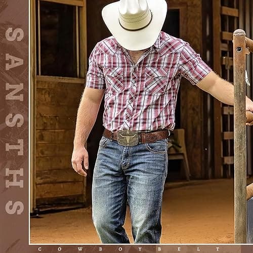 SANSTHS Western Cowboy Belts for Men Women, Mens Western Belt Bull Buckle Country Belt Cowboy Leather Belt for Jeans thumbnail 2