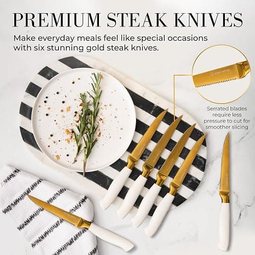 White and Gold Knife Set with Block - 14-Piece White Knife Set with Block and Built-In Sharpener – Titanium-Coated High Carbon Stainless Steel Blades - Gold Kitchen Accessories - Great for Gifting thumbnail 7
