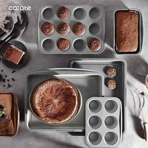 CAROTE 7-Piece Nonstick Stackable Baking Pans Set - Bakeware Sets Including Cookie Sheets for Baking, Muffin Pan, Bread Pan, Cake pan, Loaf Pan, Roasting Pan, Gray & Blue thumbnail 2