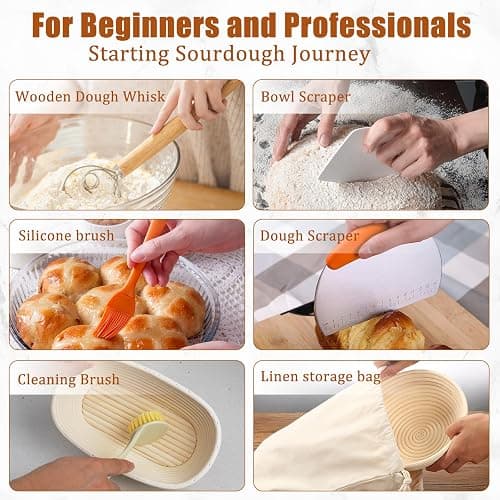 Panny Sourdough Starter Kit, Banneton Bread Proofing Basket with Glass Sour Dough Starter Jar, Sourdough Bread Baking Supplies, Making Tools, 9" Round & 10" Oval Baskets, Christmas Gift for Men Women thumbnail 7