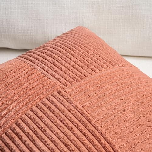 Fancy Homi 2 Packs Coral Decorative Throw Pillow Covers 18x18 Inch for Living Room Couch Bed, Rustic Farmhouse Boho Home Decor, Soft Corss Corduroy Patchwork Textured Peach Cushion Case 45x45 cm thumbnail 3