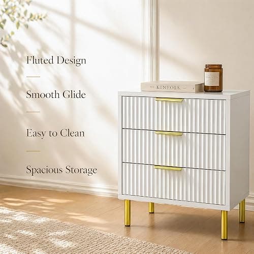 RIHHA White and Gold Nightstands Set of 2, 24" Tall Fluted Bedside Tables with 3 Drawers and Gold Handles, Ribbed Side Table Pair thumbnail 9