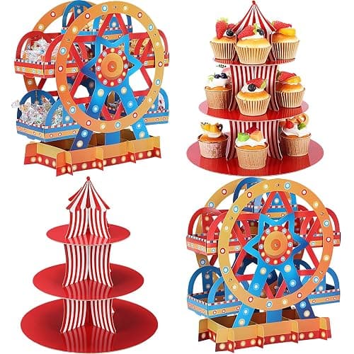 Vesici Set of 4 Carnival Theme Ferris Wheel Centerpieces and Cupcake Stands 3 Tier Cardboard Cupcake Holder for Dessert Displays Birthday Party Decorations - Image 1