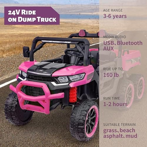 TCARAIWEN 24V Ride On 2 Seater Dump Truck with Remote Control, 6x6 Electric UTV Car with Electric Dump Bed, 2 Speed 4WD Power Ride Cars 6x6 Wheels Music, Storage Trunk, Shovel for Boys Girls, Pink thumbnail 3