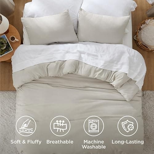 Bedsure Queen Size Comforter Set, Beige Soft Prewashed Bedding for All Seasons, 3 Pieces GentleSoft™ Warm Down Alternative Bed Set, 1 Lightweight Comforter (90"x90") and 2 Pillowcases (20"x26") thumbnail 4