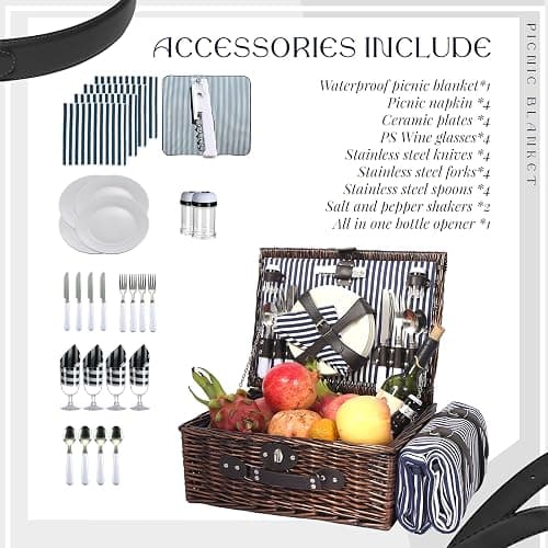 YPshuye Picnic Basket Set for 4 with Waterproof Blanket Mat Insulation Bag Wicker Navy Blue Vintage Classic Gift for Christmas Thanksgiving Wedding Birthday Camp Outdoor Beach Travel thumbnail 5