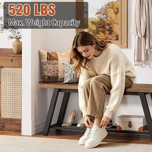Oastreeful Storage Bench Industrial Rustic Wooden and Metal Entryway Shoe Boots Storage Rack Long Bench Seat for Hallway Bedroom Retro Brown Farmhouse Style thumbnail 4