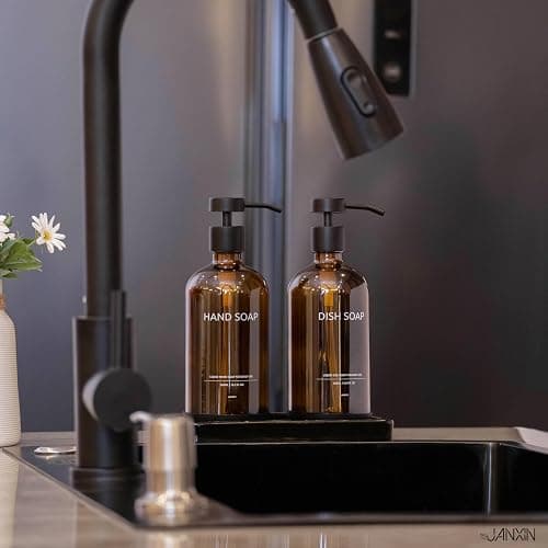Janxin Glass Kitchen Soap Dispenser Set with Ceramic Tray,16.9 floz Hand and Dish Soap Dispenser for Kitchen and Bathroom Decor (Amber Bottles + Black Pumps) thumbnail 6