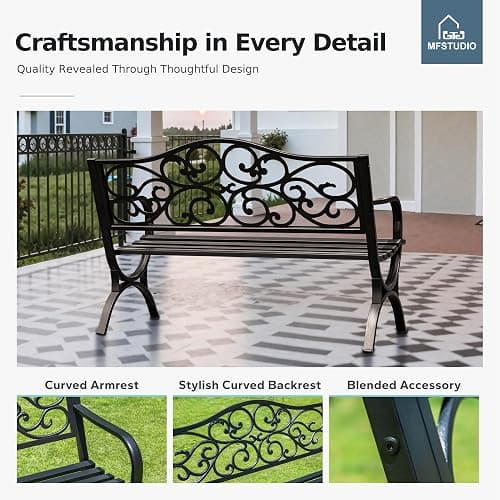 MFSTUDIO 50 Inches Outdoor Garden Bench, Cast Iron Metal Frame Patio Park Bench with Floral Pattern Backrest, Arch Legs for Porch Lawn Garden Yard(Black) thumbnail 5