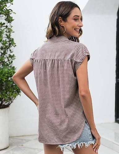 LOMON Womens Button Down Shirts Short Cap Sleeve Summer Cotton V Neck Collared Stripes Blouses Casual Plaid Tops thumbnail 3