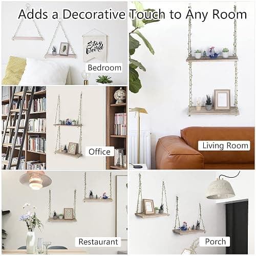 MITIME Hanging Shelves for Indoor Wall and Window - Floating Wall Shelves for Plant Display, Boho Style Home Decor.(Leaf Rope, Light Color,Large*2) thumbnail 4