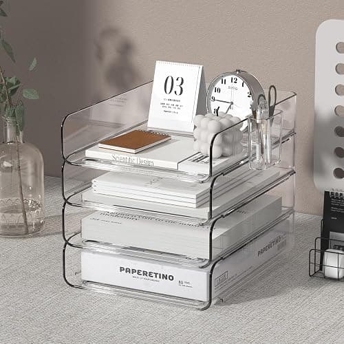 FANXIYQ 4-Tier Acrylic Paper Tray Organizer with Pen Holder | Clear Stackable Desk Organizer for Documents, Letters, A4 Paper | Modern Office/Classroom/Home Organization thumbnail 2