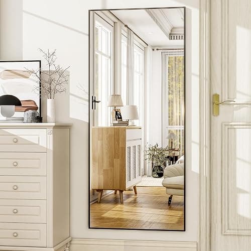 HARRITPURE 21"x56" Full Length Mirror with Stand, Rectangle Floor Standing Mirror, Black Aluminum Thin Frame Free Standing or Wall-Mounted Full Body Mirror for Living Room Bedroom thumbnail 3