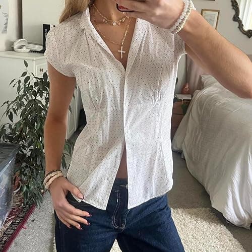 Women Y2k Short Sleeve Button Up Shirt V Neck Collared Plaid Preppy Tops Slim Fit Vintage Coquette Blouse thumbnail 2