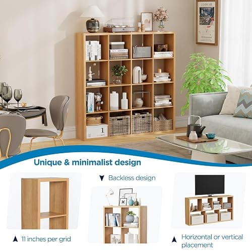 Jpiziso 16-Cube Storage Organizer Bookcase, Thick Frame Wood Grain Storage Shelf, Rectangular Cube Open Back Display Unit, 48.8x9.4x48.8 Inches for Living Room, Bedroom, Home Office, Natural Wood thumbnail 6