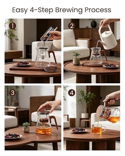 ZENS Magnetic Tea Pot, Enchanted Glass Teapot with Infuser and Magnetic Suction Lid for Mess-Free Loose Tea Diffusers, Walnut Wood Handle, Tea Lovers Gifts thumbnail 5