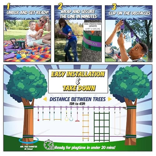 Ninja Warrior Obstacle Course for Kids Workout Equipment, 2 x 55ft Slacklines with 10 Weatherproof & Durable Ninja Kids Toys - Ninja Course for Kids Outside , Kids Obstacle Course Backyard thumbnail 9