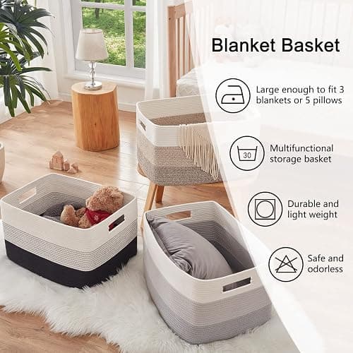 OIAHOMY Large Blanket Basket, Rectangle Woven Baskets for Storage, Nursery Blanket Basket Living Room, Toy Basket With Handle, Large Baskets for Organizing-22”x17”x12”-Gradient Yellow - Gradient Yellow - 22”x17”x12” thumbnail 6