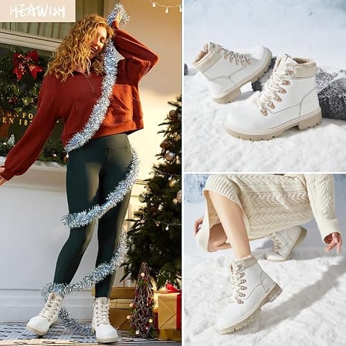 Women Winter Snow Boots with Fur Lined,Black Low heels Combat Ankle Boots,Non Slip Leather Ankle Boots for Women thumbnail 2