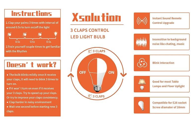 Claps Light Control Bulb for Bedroom Table Lamp Upgrade, The Clapper, Wireless Sound Activated ON/Off Solution, Clap Detection, Smart Home, As Seen On TV, Soft White, 8-Watt thumbnail 6